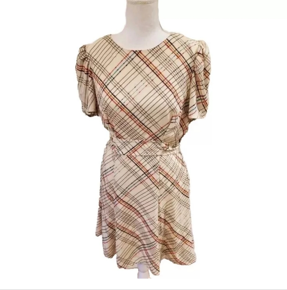 NWT City Studio Junior's Beige Puff Sleeve Preppy Plaid Dress Medium